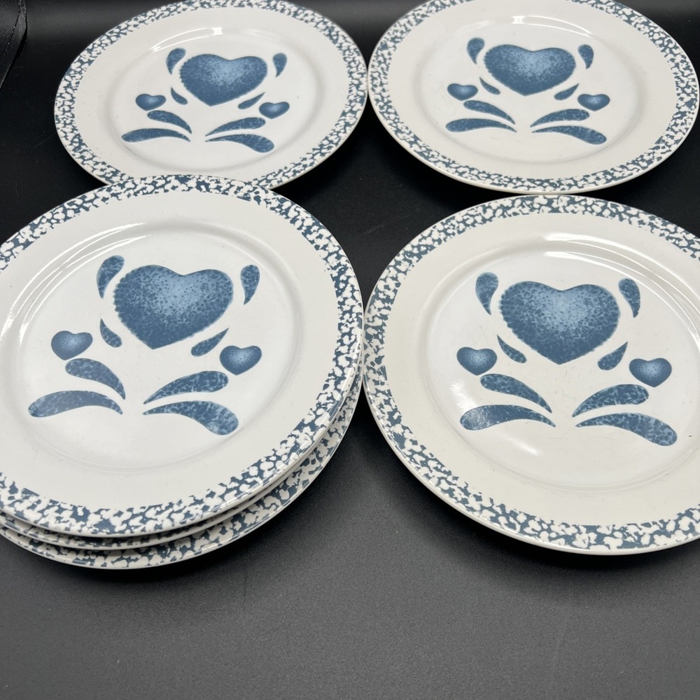 6 Jay Import Blue Hearts Sponge Bread Salad Dessert Plates 7 3/4" Country